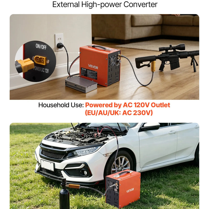 VEVOR PCP gaisa kompresors 4500 PSI, PCP gaisa ieroču kompresors ar ārējo pārveidotāju, 350 W, DC 12 V/AC 230 V, pārnēsājams kompresors krāsošanas un augstspiediena gaisa tvertnēm