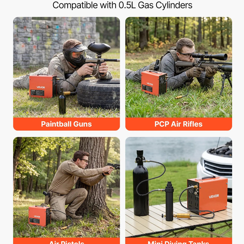 VEVOR PCP gaisa kompresors 4500 PSI, PCP gaisa ieroču kompresors ar ārējo pārveidotāju, 350 W, DC 12 V/AC 230 V, pārnēsājams kompresors krāsošanas un augstspiediena gaisa tvertnēm