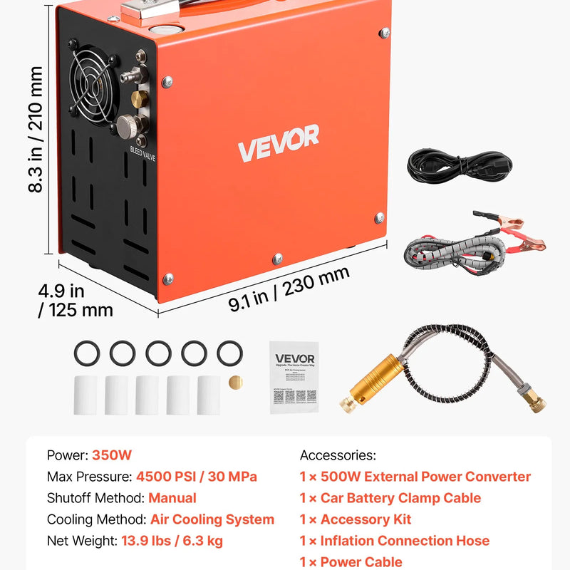 VEVOR PCP gaisa kompresors 4500 PSI, PCP gaisa ieroču kompresors ar ārējo pārveidotāju, 350 W, DC 12 V/AC 230 V, pārnēsājams kompresors krāsošanas un augstspiediena gaisa tvertnēm