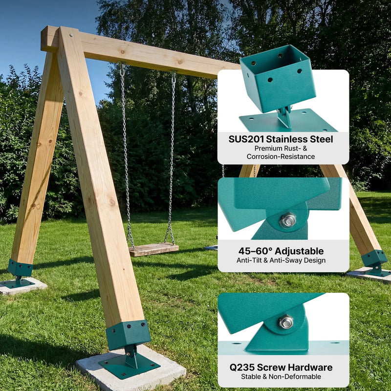 VEVOR šūpoļu rāmja kronšteini, 4 gab. smagas slodzes izlīdzināšanas stiprinājumi šūpoļu komplektam, piemēroti 101,6 × 101,6 mm statņiem (faktiskais izmērs 91 × 91 mm), 45°–60° leņķa diapazons, nerūsējošā tērauda