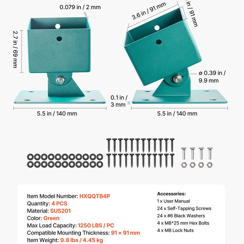 VEVOR šūpoļu rāmja kronšteini, 4 gab. smagas slodzes izlīdzināšanas stiprinājumi šūpoļu komplektam, piemēroti 101,6 × 101,6 mm statņiem (faktiskais izmērs 91 × 91 mm), 45°–60° leņķa diapazons, nerūsējošā tērauda