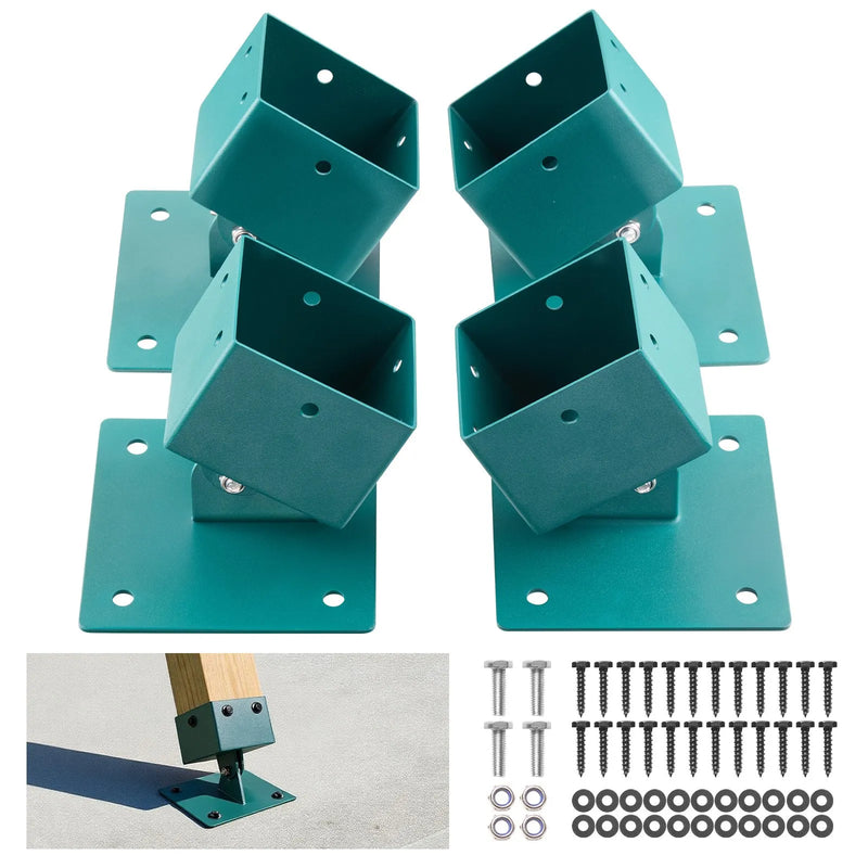 VEVOR šūpoļu rāmja kronšteini, 4 gab. smagas slodzes izlīdzināšanas stiprinājumi šūpoļu komplektam, piemēroti 101,6 × 101,6 mm statņiem (faktiskais izmērs 91 × 91 mm), 45°–60° leņķa diapazons, nerūsējošā tērauda