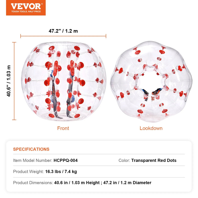 VEVOR piepūšamā bumper bumba 1 gab., 1,2 m sumo zorb bumba pusaudžiem un pieaugušajiem, 0,8 mm PVC cilvēka kāmja burbuļbumba āra komandu spēlēm dārzā, pagalmā un parkā