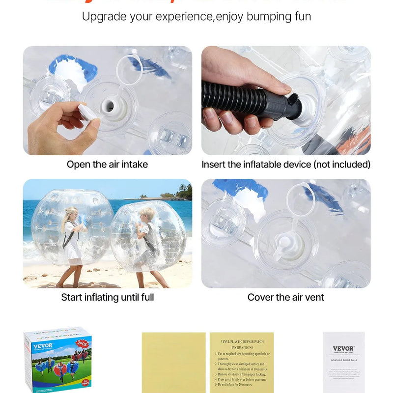 VEVOR piepūšamās bumper bumbas 2 gab., 1,2 m sumo zorb bumbas pusaudžiem un pieaugušajiem, 0,8 mm PVC cilvēka kāmja burbuļbumbas āra komandu spēlēm dārzā, pagalmā un parkā