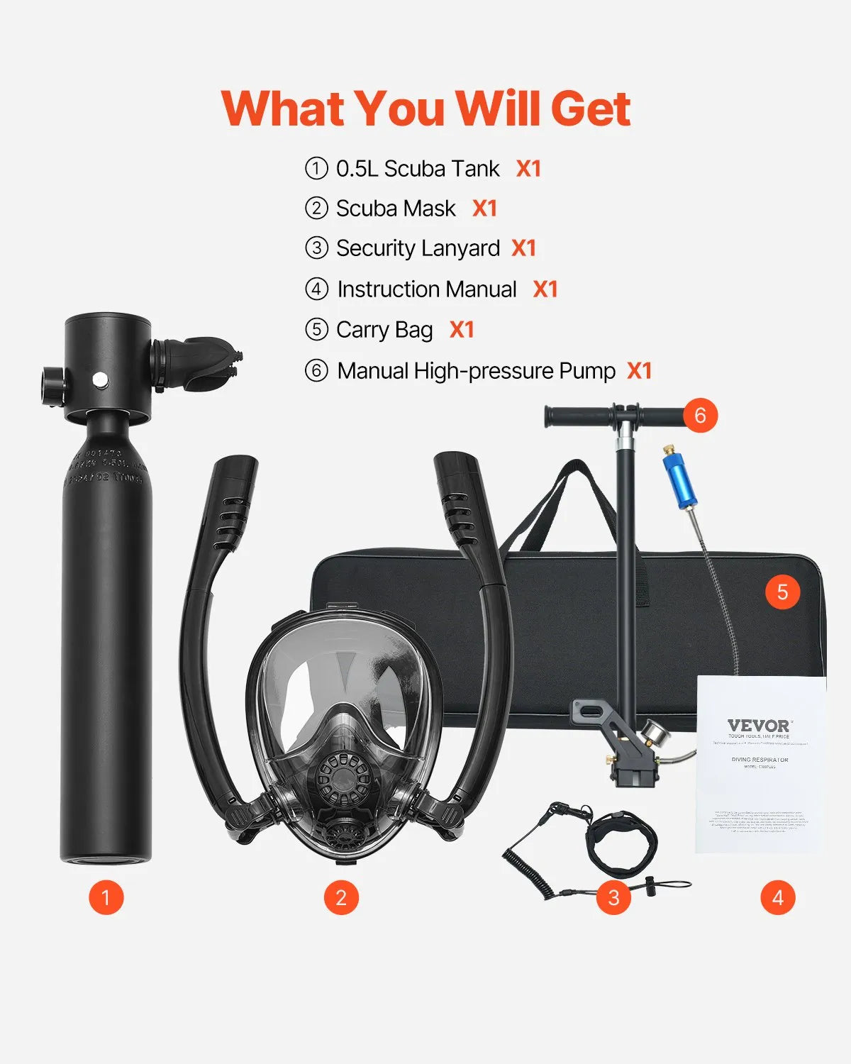 VEVOR Mini Diving Cylinder 0.5 L with Hand Pump and Adapter, 5–10 min, up to 10 m