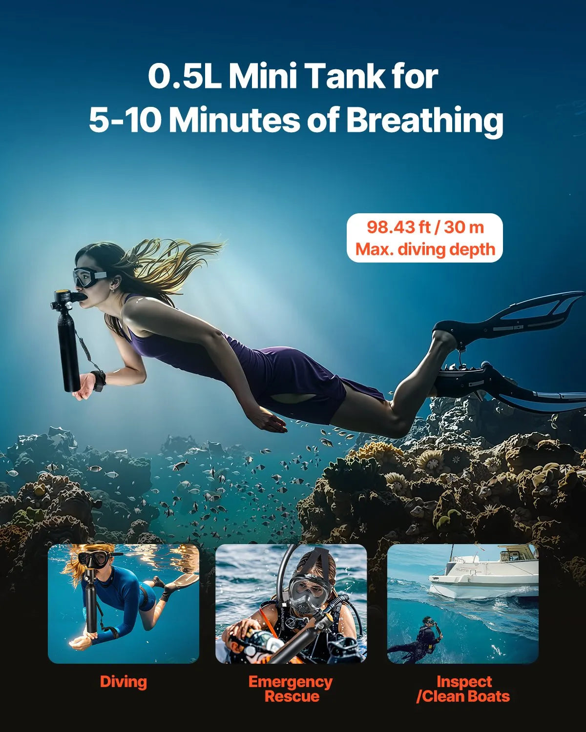 VEVOR Mini Diving Cylinder 0.5 L with Hand Pump, 5–10 min, up to 30 m