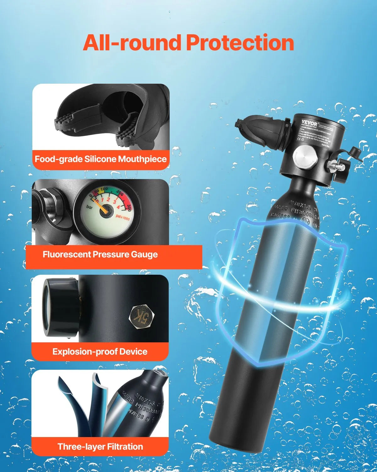 VEVOR Mini Diving Cylinder 0.5 L with Hand Pump, 5–10 min, up to 30 m