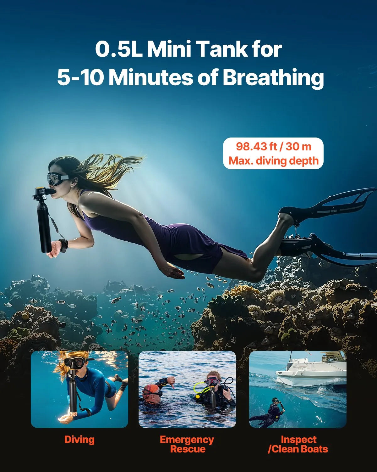 VEVOR Mini Diving Cylinder 0.5 L with Filling Adapter, 5–10 min, up to 30 m