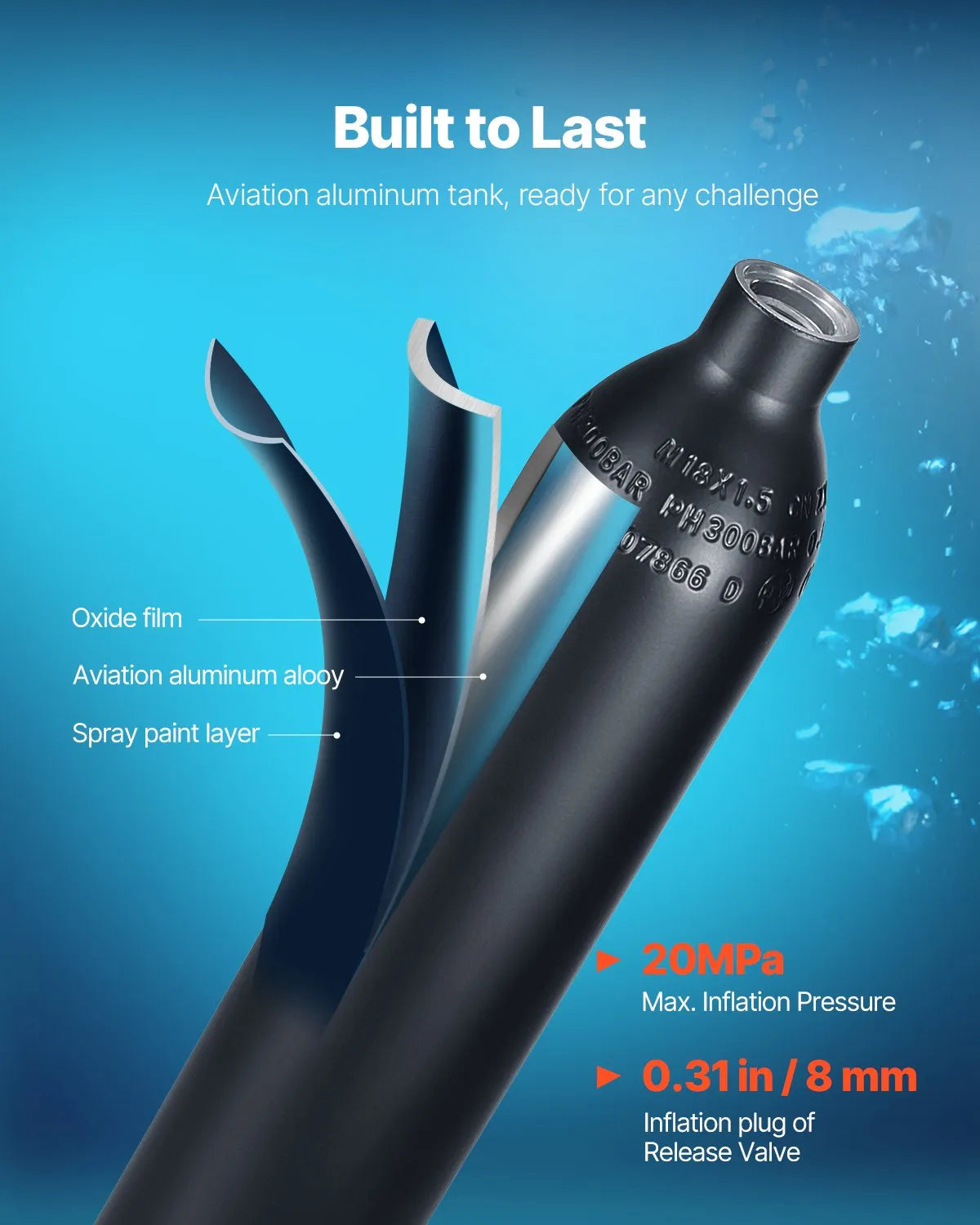 VEVOR Mini Diving Cylinder 0.5 L with Filling Adapter, 5–10 min, up to 30 m
