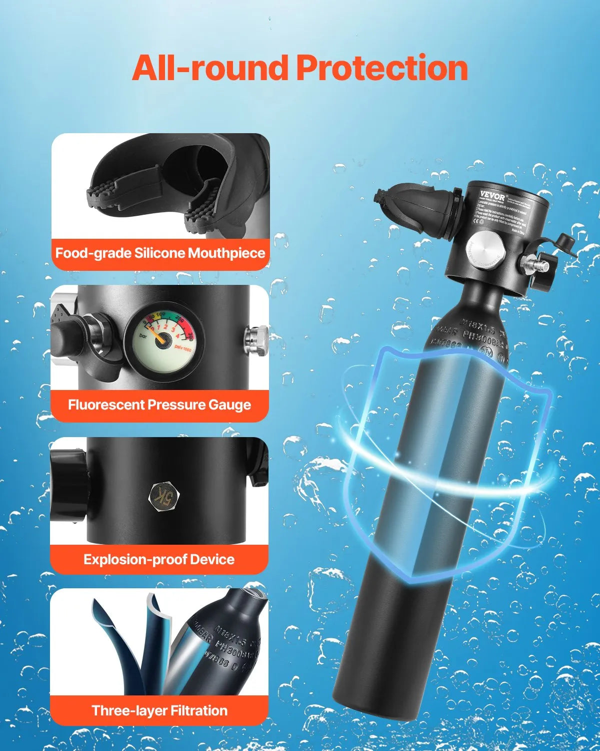VEVOR Mini Diving Cylinder 0.5 L with Filling Adapter, 5–10 min, up to 30 m