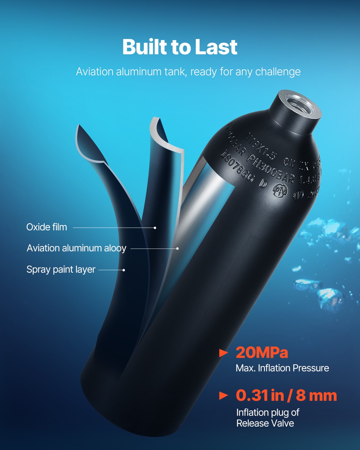 VEVOR Mini Diving Cylinder 1 L with Hand Pump, 15–20 min, up to 30 m