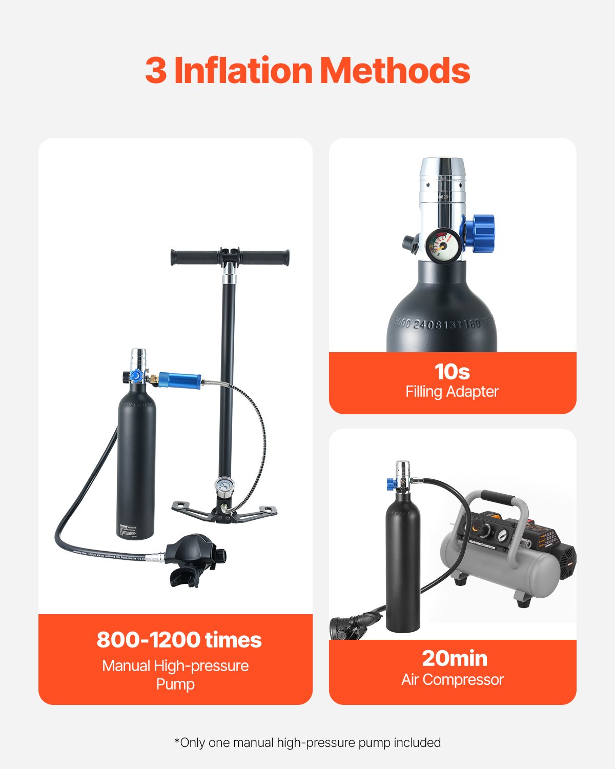 VEVOR Mini Diving Cylinder 1 L with Hand Pump, 15–20 min, up to 30 m
