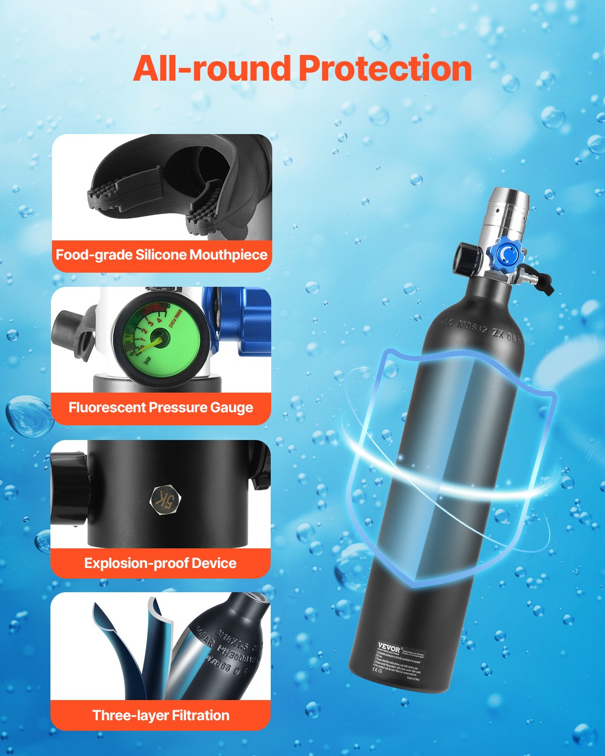 VEVOR Mini Diving Cylinder 1 L with Hand Pump, 15–20 min, up to 30 m