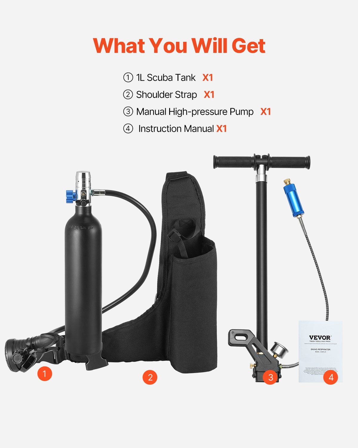 VEVOR Mini Diving Cylinder 1 L with Hand Pump, 15–20 min, up to 30 m