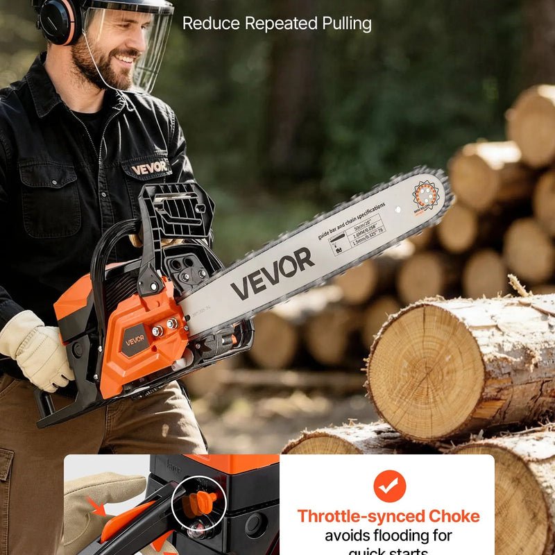 VEVOR benzīna motorzāģis 508 mm, 62 cm³, 2,7 kW, 2-taktu dzinējs, motorzāģis koku zāģēšanai, zaru apgriešanai un teritorijas tīrīšanai, ar sinhronizētu droseles čoku, neslīdošu rokturi un 2 tvertnēm