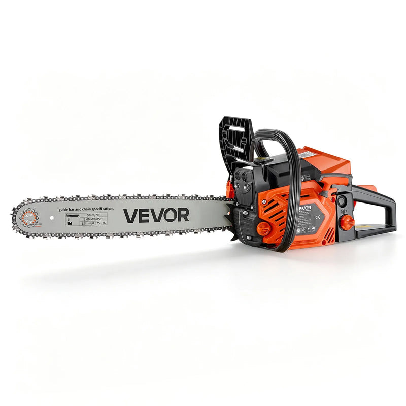 VEVOR benzīna motorzāģis 508 mm, 62 cm³, 2,7 kW, 2-taktu dzinējs, motorzāģis koku zāģēšanai, zaru apgriešanai un teritorijas tīrīšanai, ar sinhronizētu droseles čoku, neslīdošu rokturi un 2 tvertnēm