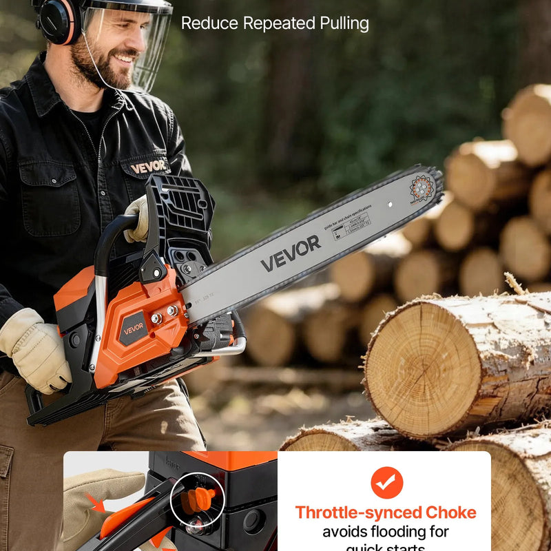 VEVOR benzīna motorzāģis 457,2 mm, 52 cm³, 2 kW, 2-taktu dzinējs, motorzāģis koku zāģēšanai, zaru apgriešanai un teritorijas tīrīšanai, ar sinhronizētu droseles čoku, neslīdošu rokturi un 2 tvertnēm