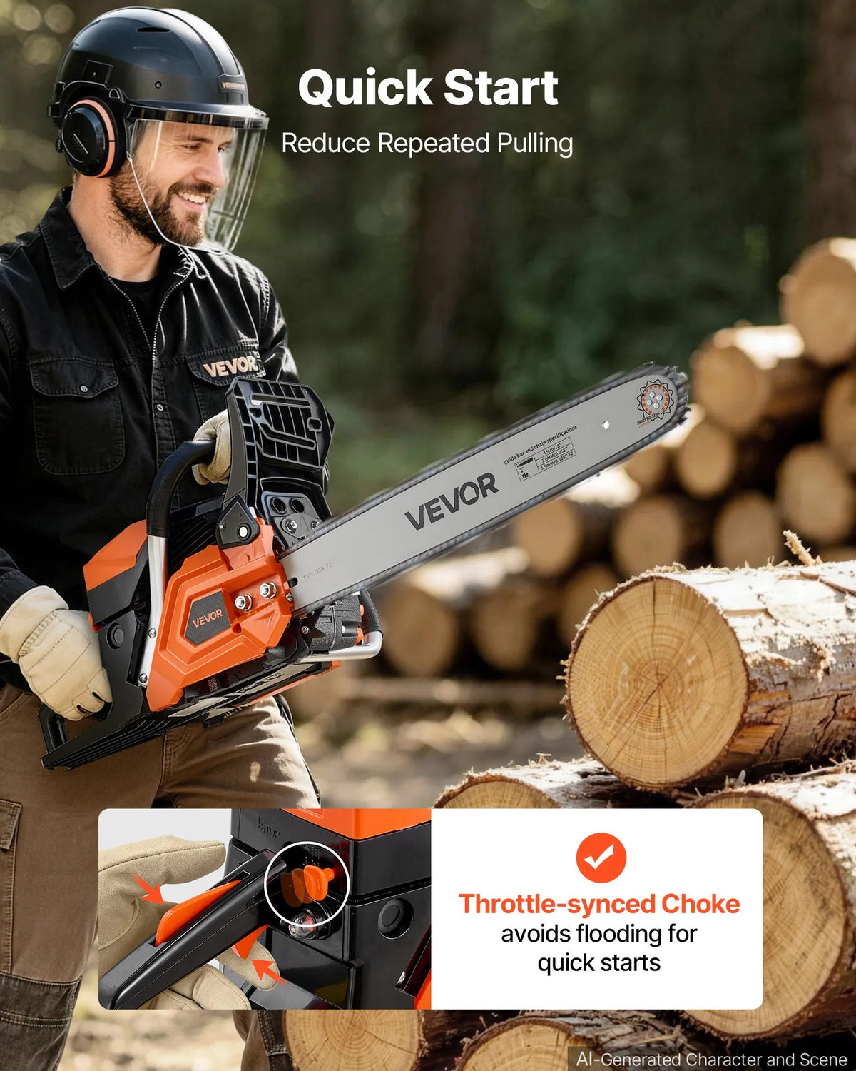 VEVOR Petrol Chainsaw 52 cm³ with 457 mm Bar, 2 kW, 2-Stroke Engine, Synchronized Choke