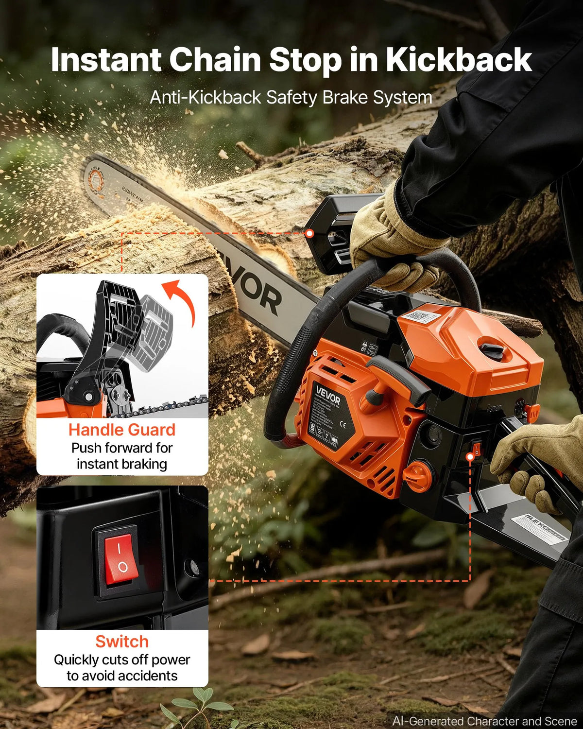 VEVOR Petrol Chainsaw 52 cm³ with 457 mm Bar, 2 kW, 2-Stroke Engine, Synchronized Choke