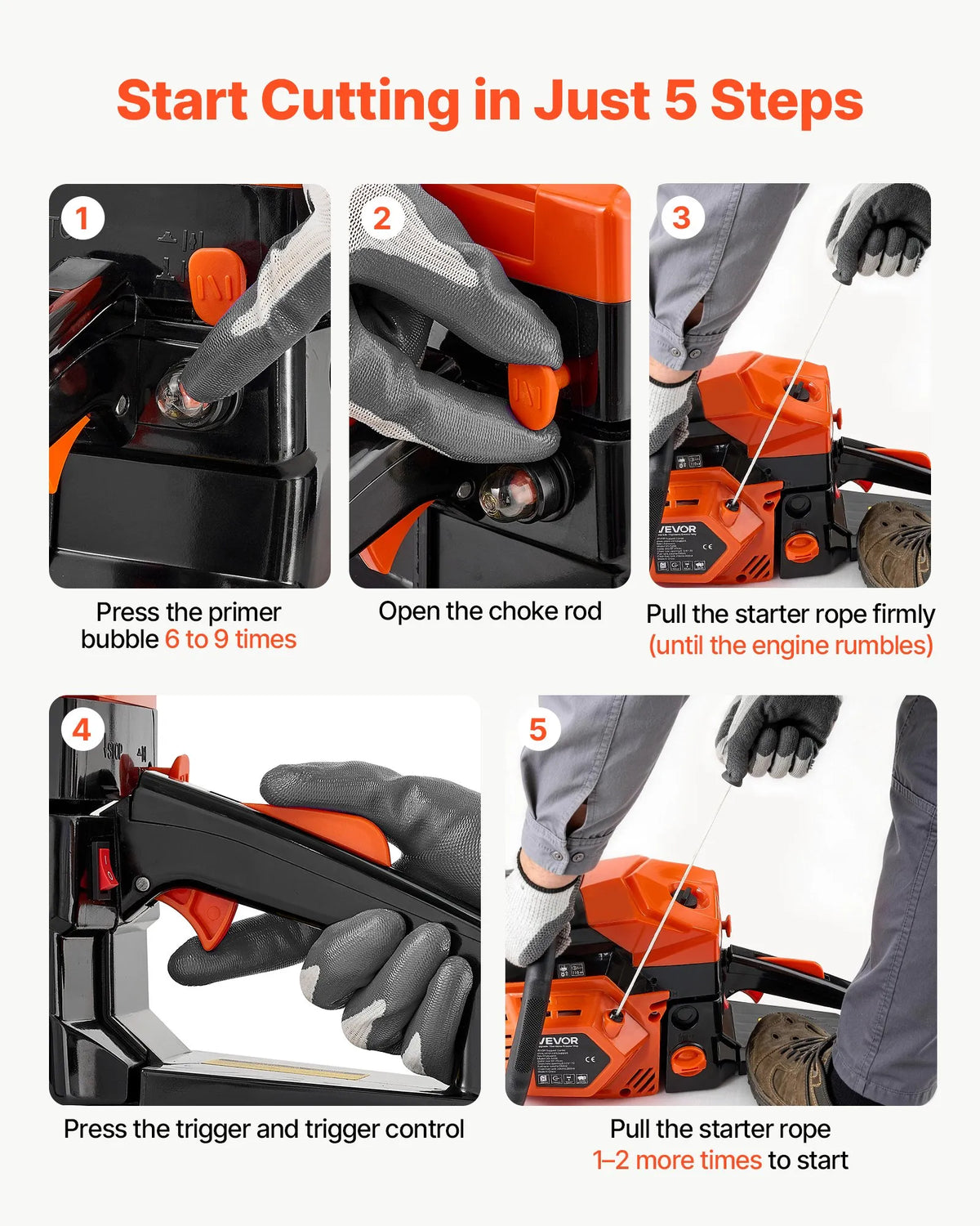 VEVOR Petrol Chainsaw 52 cm³ with 457 mm Bar, 2 kW, 2-Stroke Engine, Synchronized Choke