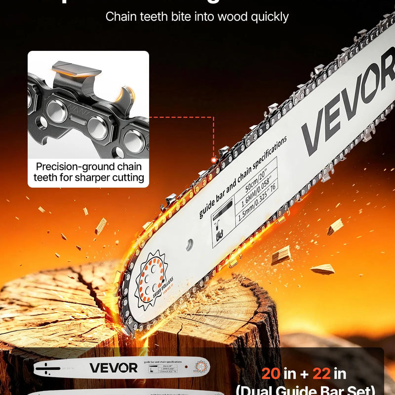 VEVOR benzīna motorzāģis 508/558,8 mm, 62 cm³, 2,7 kW, 2-taktu dzinējs, motorzāģis koku zāģēšanai, zaru apgriešanai un teritorijas tīrīšanai, ar sinhronizētu droseles čoku, neslīdošu rokturi un 2 tvertnēm