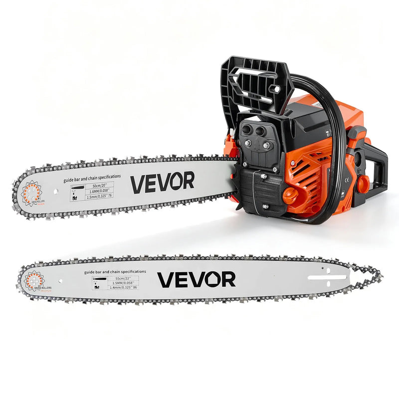 VEVOR benzīna motorzāģis 508/558,8 mm, 62 cm³, 2,7 kW, 2-taktu dzinējs, motorzāģis koku zāģēšanai, zaru apgriešanai un teritorijas tīrīšanai, ar sinhronizētu droseles čoku, neslīdošu rokturi un 2 tvertnēm