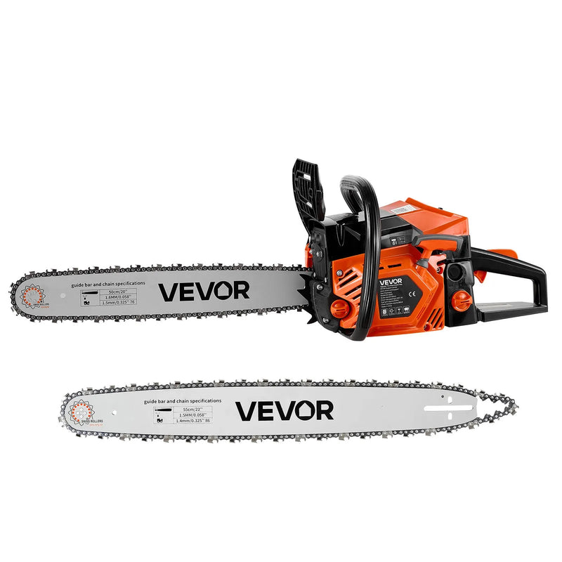 VEVOR benzīna motorzāģis 508/558,8 mm, 62 cm³, 2,7 kW, 2-taktu dzinējs, motorzāģis koku zāģēšanai, zaru apgriešanai un teritorijas tīrīšanai, ar sinhronizētu droseles čoku, neslīdošu rokturi un 2 tvertnēm