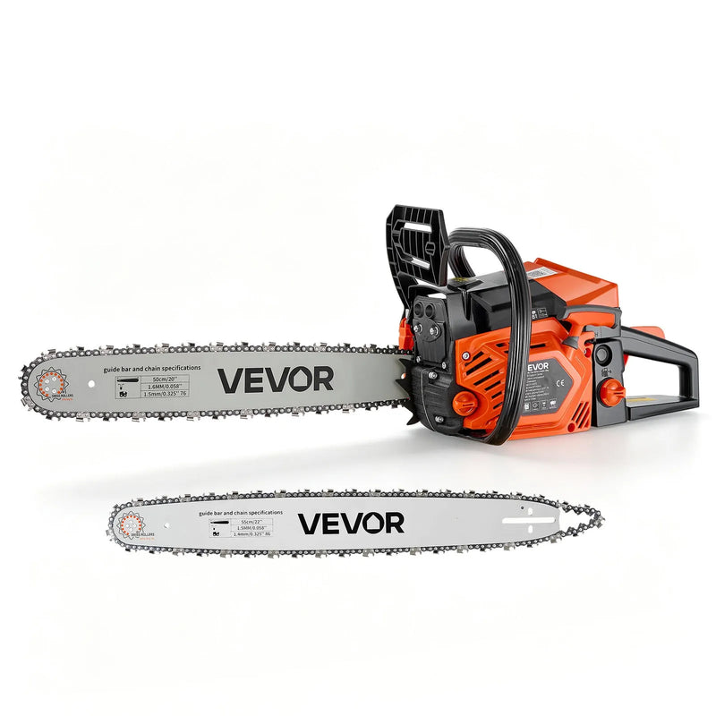 VEVOR benzīna motorzāģis 508/558,8 mm, 62 cm³, 2,7 kW, 2-taktu dzinējs, motorzāģis koku zāģēšanai, zaru apgriešanai un teritorijas tīrīšanai, ar sinhronizētu droseles čoku, neslīdošu rokturi un 2 tvertnēm