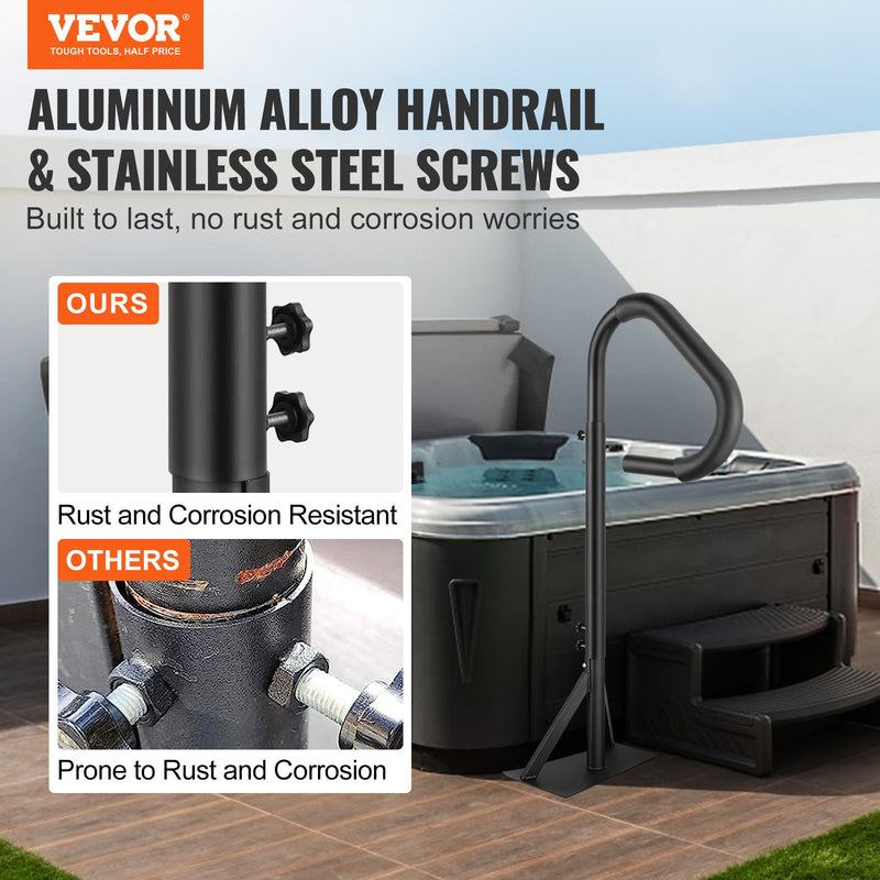 VEVOR burbuļvannas margas ar 360° pagriezienu, regulējams augstums 122–160 cm, pret rūsu noturīgas alumīnija spa margas ar pabīdāmu pamatni montāžai zem vannas, lietošanai iekštelpās un ārā, maksimālā slodze 272 kg