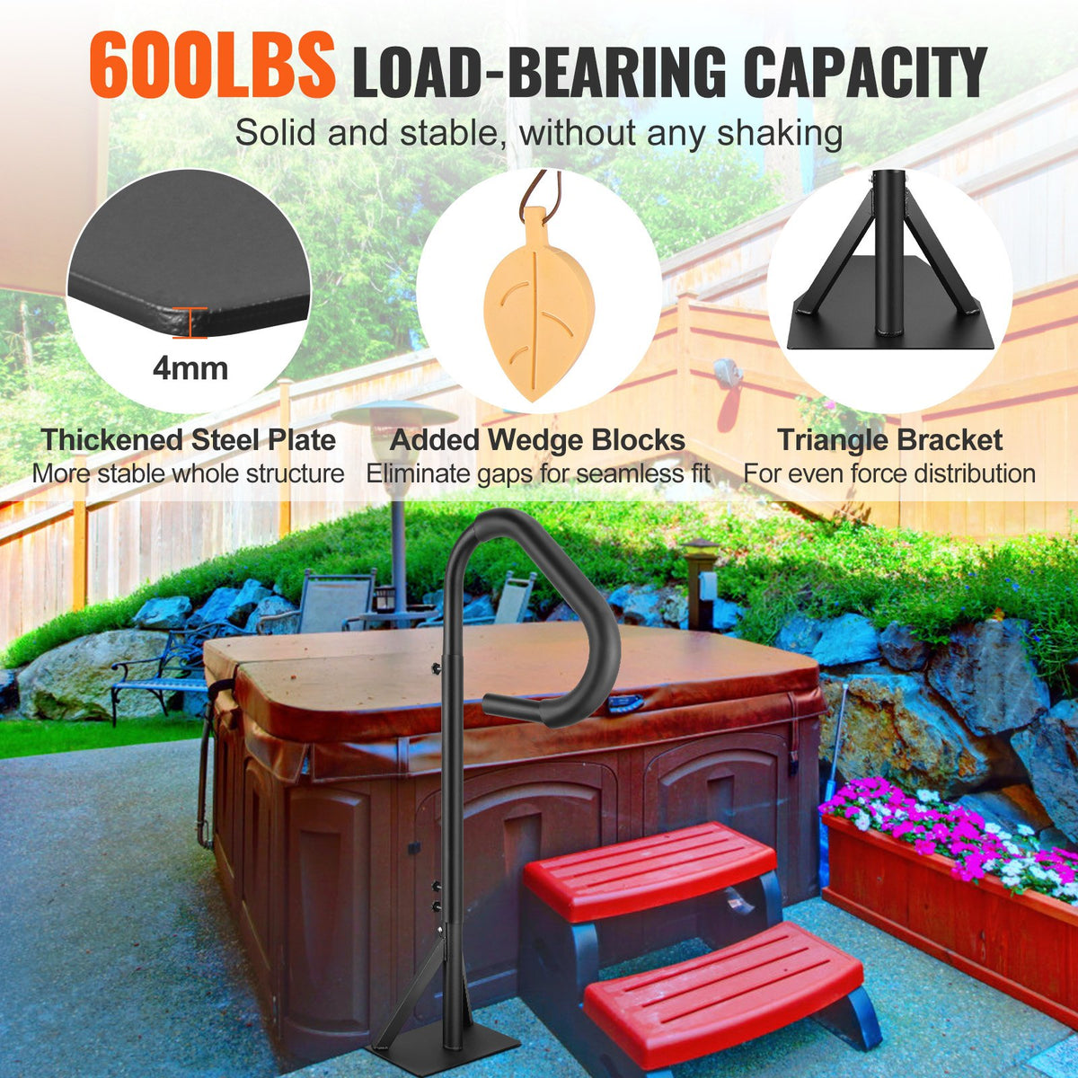 VEVOR Spa Bath Tub Grab Bars with 360° Rotation, Adjustable Height 122–160 cm, Rust-Resistant Aluminium Handrails with Sliding Base for Under-Tub Installation, Indoor and Outdoor Use, Maximum Load 272 kg