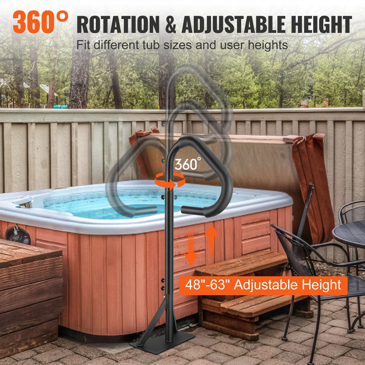 VEVOR Spa Bath Tub Grab Bars with 360° Rotation, Adjustable Height 122–160 cm, Rust-Resistant Aluminium Handrails with Sliding Base for Under-Tub Installation, Indoor and Outdoor Use, Maximum Load 272 kg