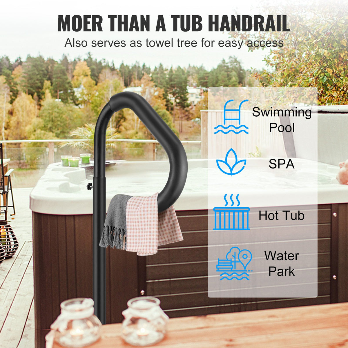 VEVOR Spa Bath Tub Grab Bars with 360° Rotation, Adjustable Height 122–160 cm, Rust-Resistant Aluminium Handrails with Sliding Base for Under-Tub Installation, Indoor and Outdoor Use, Maximum Load 272 kg