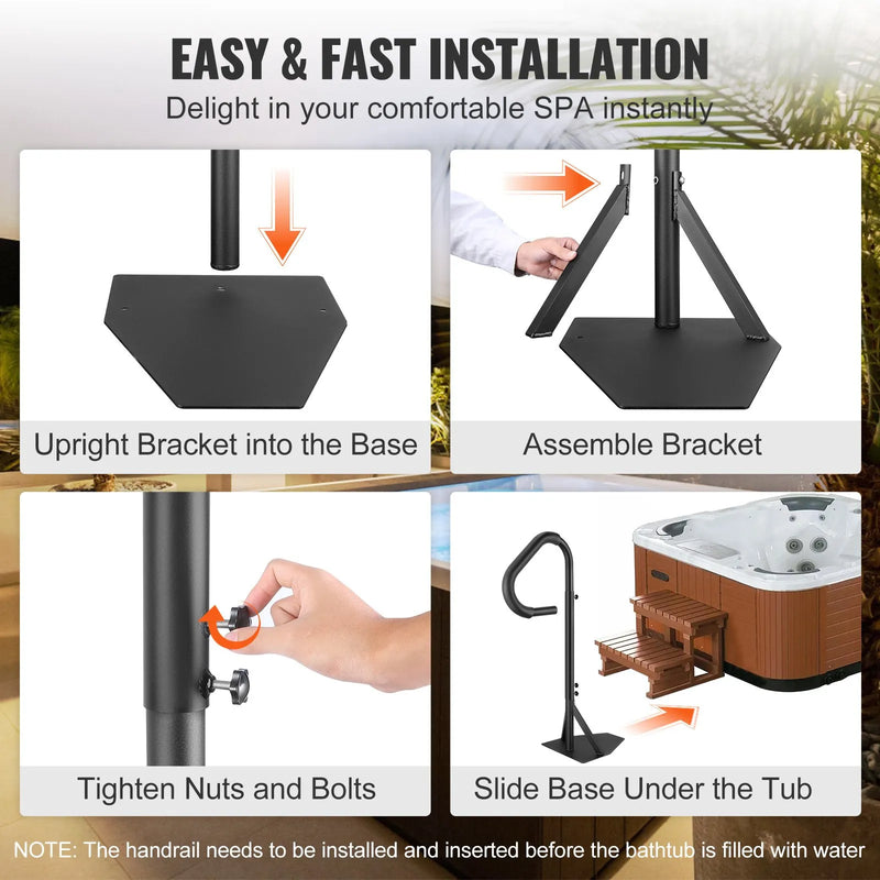 VEVOR burbuļvannas margas ar 360° pagriezienu, regulējams augstums 122–160 cm, pret rūsu noturīgas alumīnija spa margas ar pabīdāmu pamatni montāžai zem vannas, lietošanai iekštelpās un ārā, maksimālā slodze 272 kg