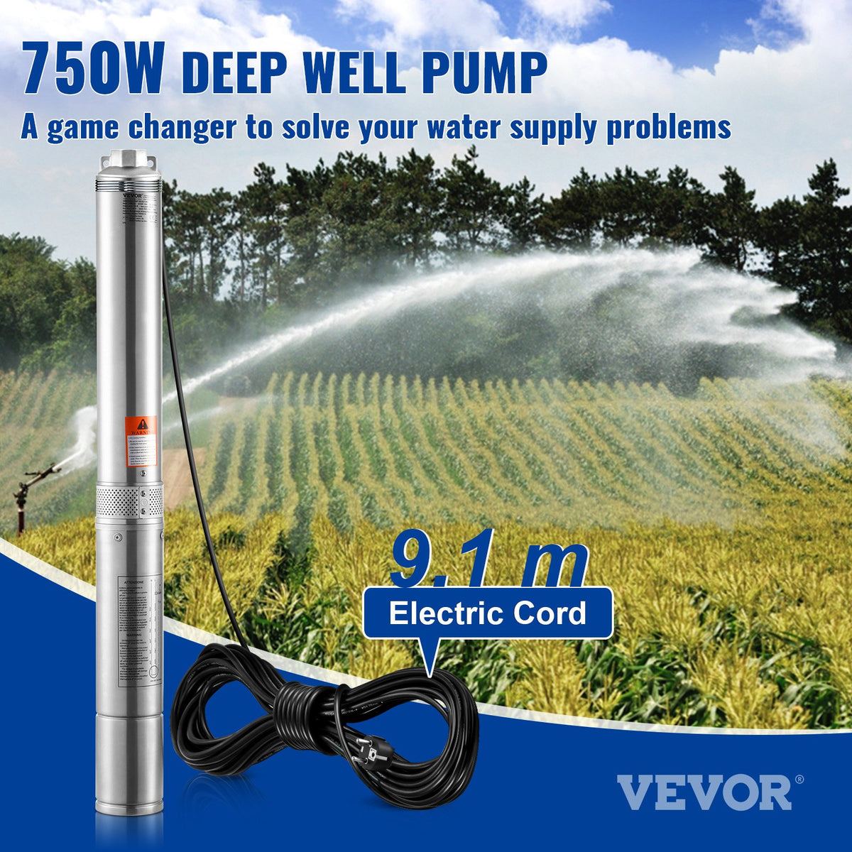 VEVOR 750 W dziļurbuma iegremdējamais sūknis, 7,1 m³/h, 75 m pacēluma augstums, 9,1 m kabelis, IP68
