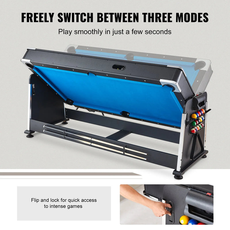 VEVOR 3 vienā rotējošs daudzfunkcionāls spēļu galds ar gaisa hokeju, biljardu un galda tenisu, 224 cm hokeja galds spēļu istabai un mājai, arkādes spēļu komplekts ar visiem piederumiem katrai spēlei