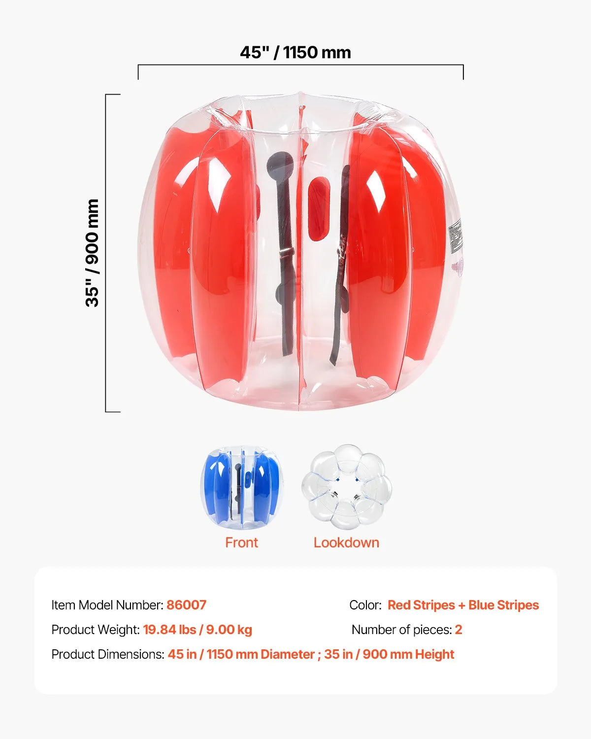 VEVOR Inflatable Sumo Bumper Balls 1.2 m, 0.5 mm PVC, 2 pcs, Red and Blue Stripes