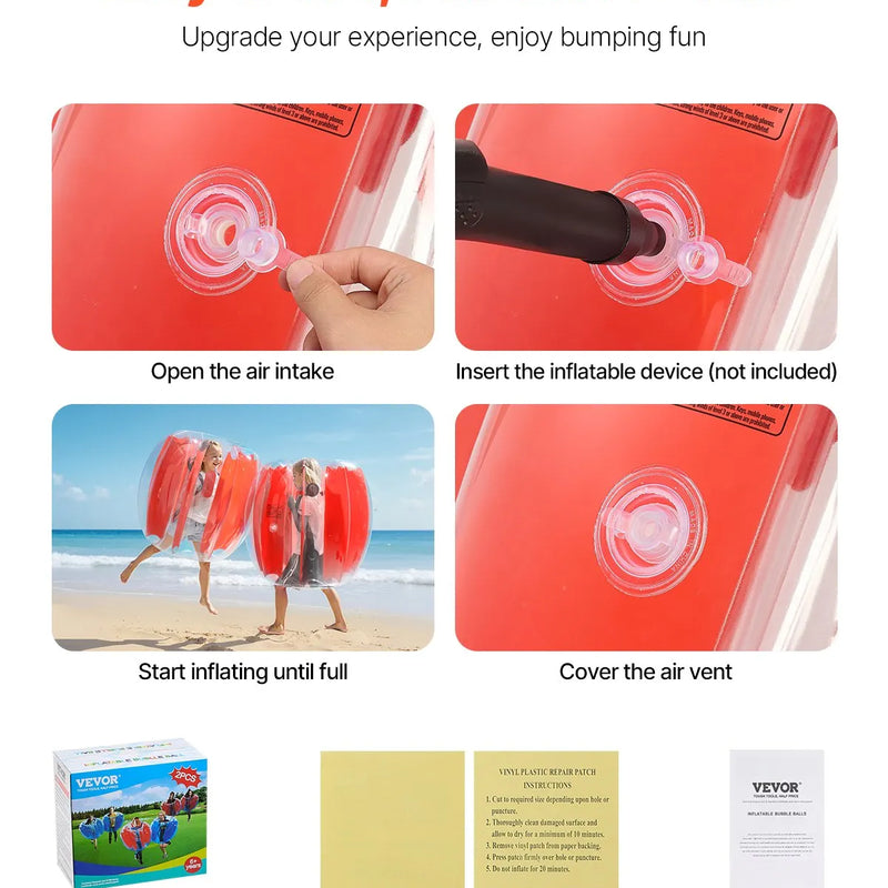 VEVOR piepūšamās bumper bumbas 2 gab., 0,9 m ķermeņa sumo zorb bumbas no bieza PVC āra komandu spēlēm, cilvēka kāmja burbuļbumbas rotaļu laukumiem, pagalmiem un parkiem, sarkanas svītras
