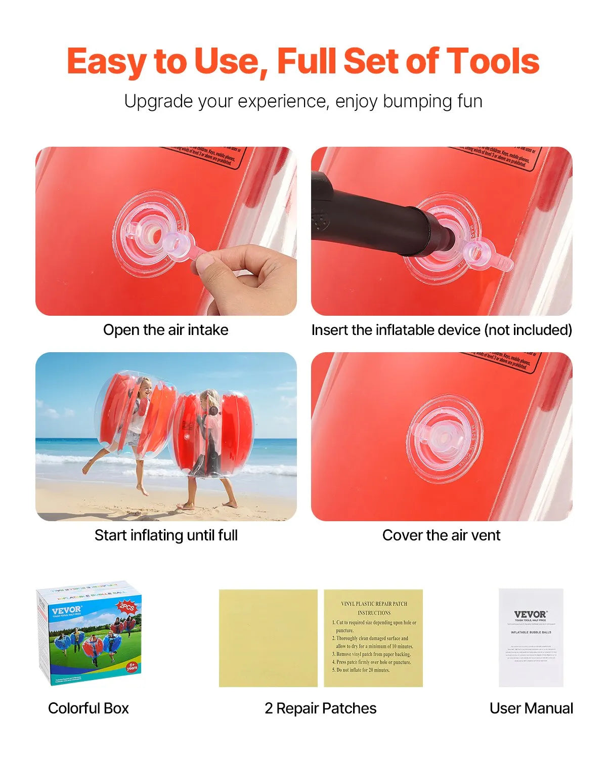 VEVOR Inflatable Sumo Bumper Balls for Kids 0.9 m, 0.3 mm PVC, 2 pcs, Red Stripes