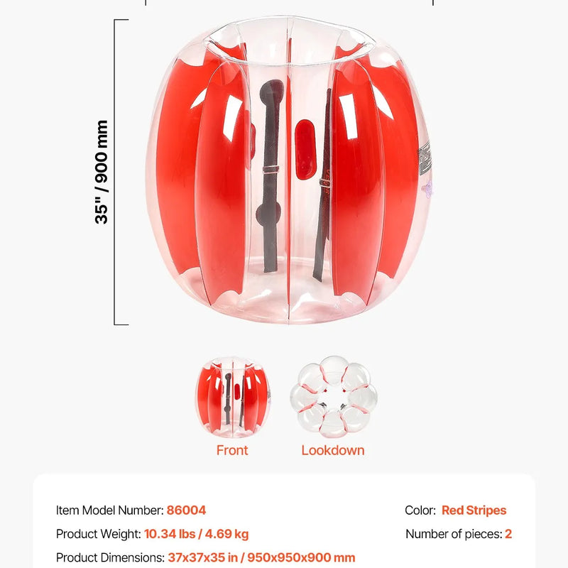 VEVOR piepūšamās bumper bumbas 2 gab., 0,9 m ķermeņa sumo zorb bumbas no bieza PVC āra komandu spēlēm, cilvēka kāmja burbuļbumbas rotaļu laukumiem, pagalmiem un parkiem, sarkanas svītras