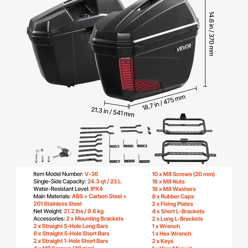 VEVOR motocikla sānu koferi 46 l (23 l × 2), universāli ABS sānu bagāžas koferi, ūdensizturīgi, noņemami kreisais un labais sānu koferis ar drošības slēdzeni, bagāžas glabāšanai, 2 gab. komplekts