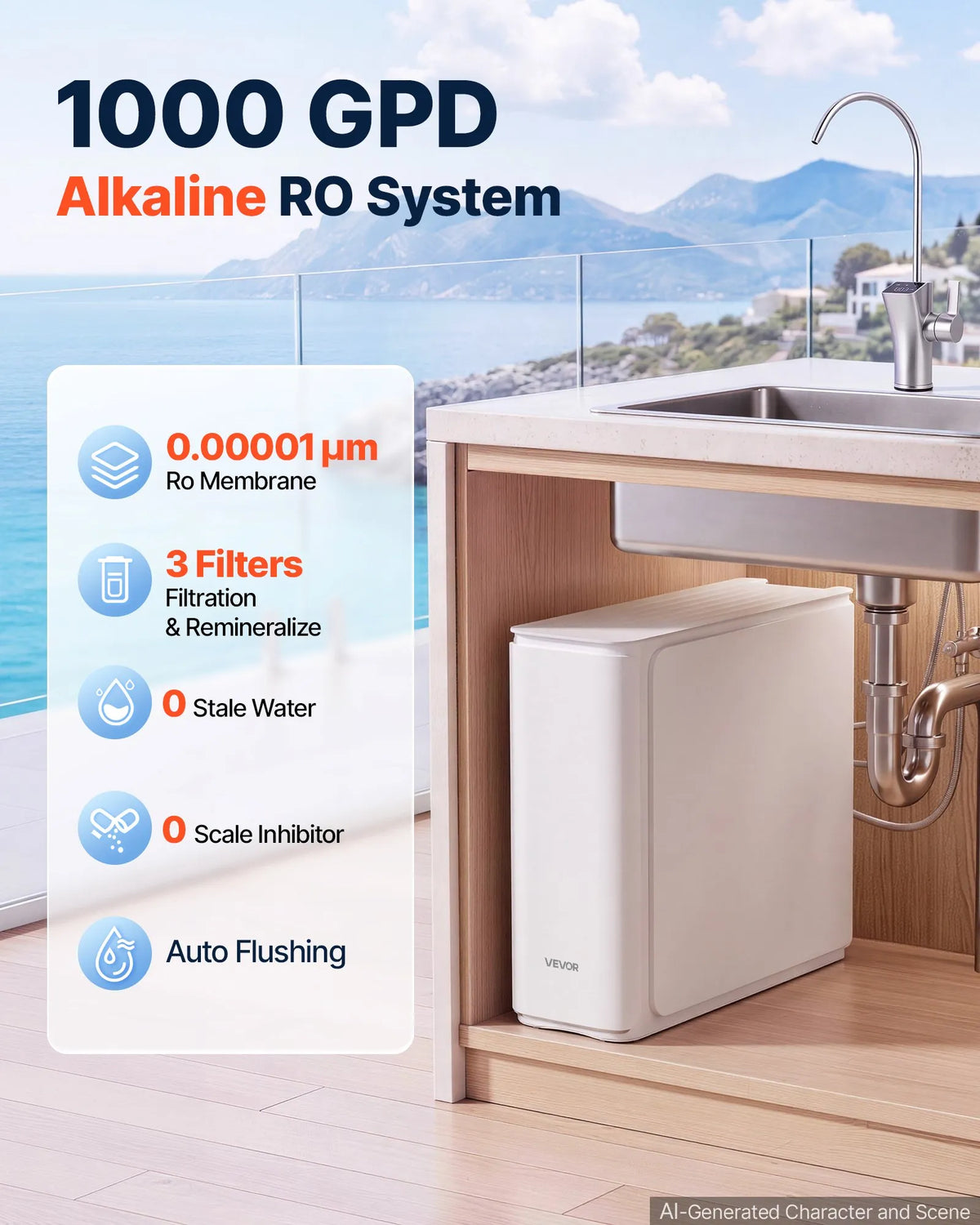 VEVOR reversās osmozes ūdens filtrēšanas sistēma, 1000 GPD, 8 pakāpju, bez tvertnes, ar viedo krānu, uzstādīšanai zem izlietnes
