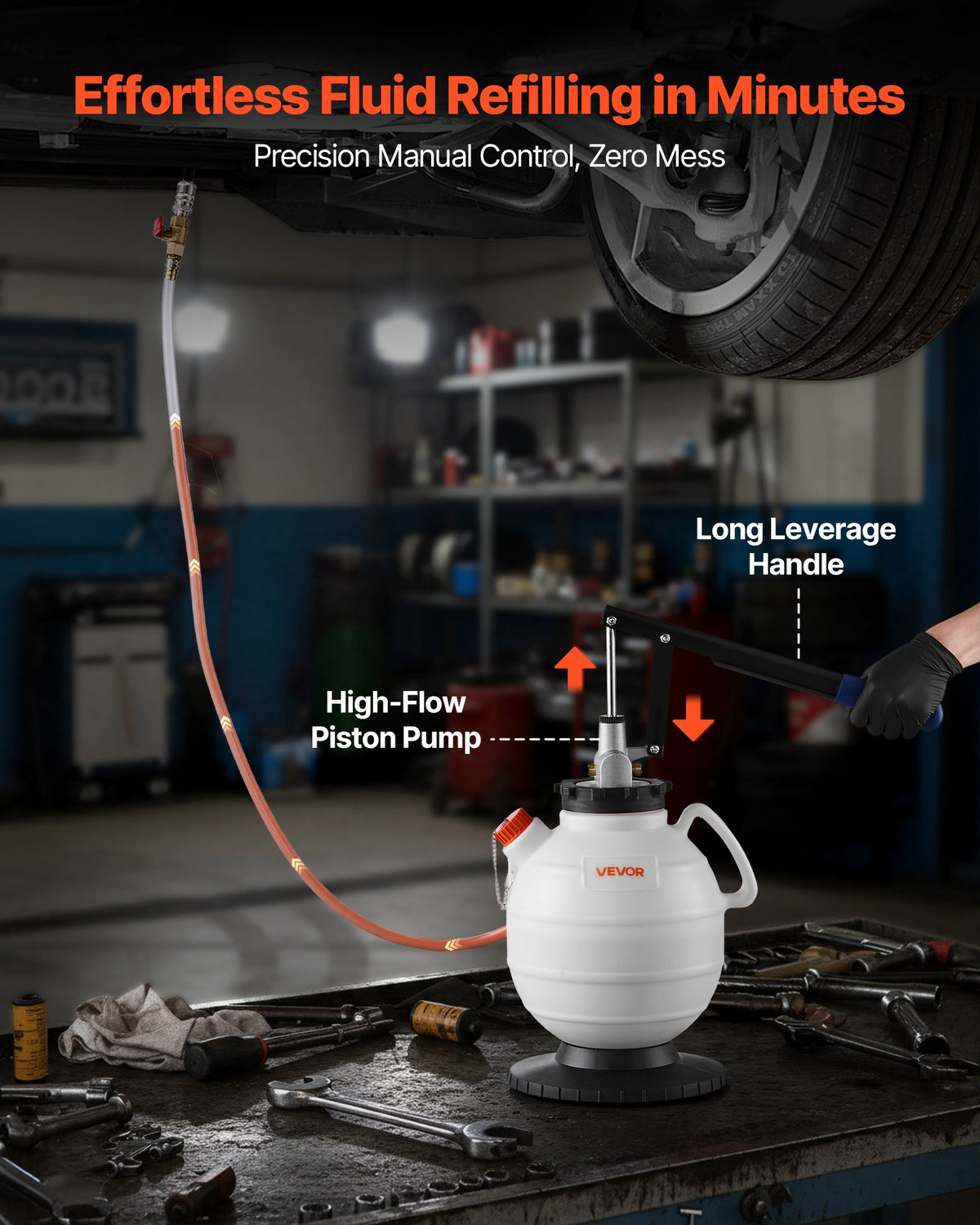 VEVOR transmisijas šķidruma sūknis 7,5 l manuāls ATF uzpildes komplekts ar 8 adapteriem un 120 cm izplūdes šļūteni, eļļas ekstraktors ar HDPE tvertni automašīnām un zāles pļāvējiem - ZEMLETES.LV