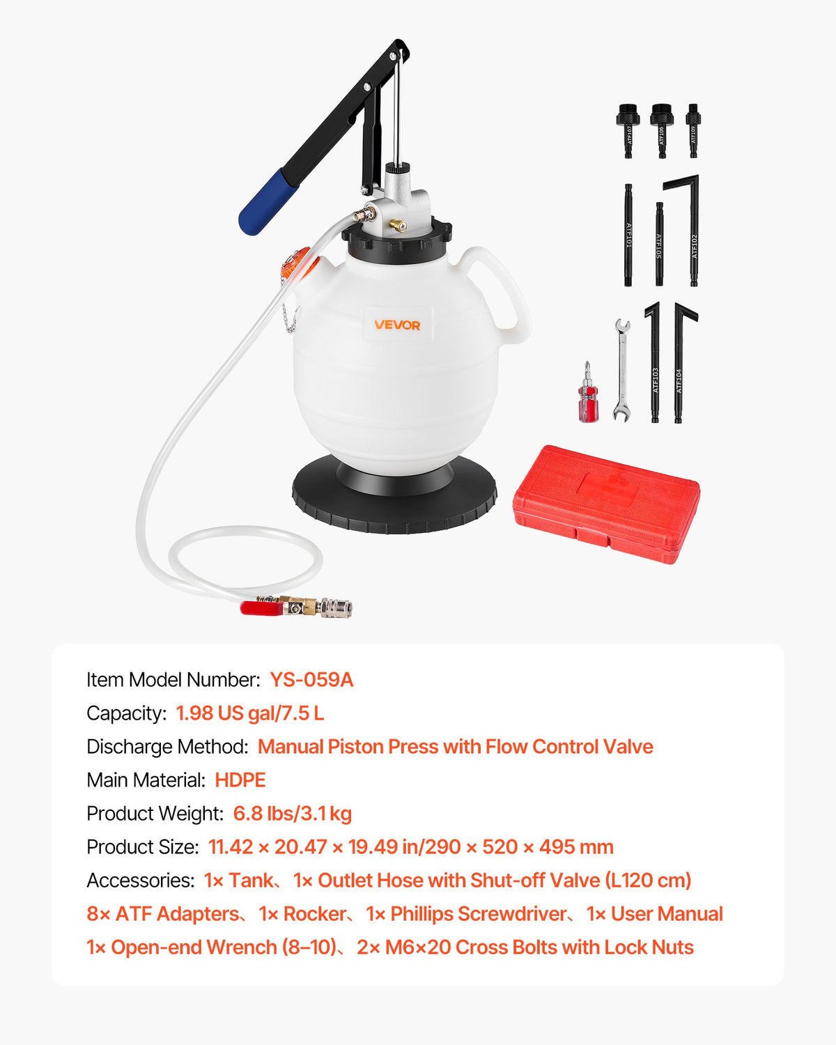 VEVOR transmisijas šķidruma sūknis 7,5 l manuāls ATF uzpildes komplekts ar 8 adapteriem un 120 cm izplūdes šļūteni, eļļas ekstraktors ar HDPE tvertni automašīnām un zāles pļāvējiem - ZEMLETES.LV