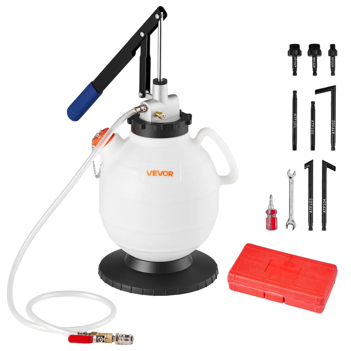 VEVOR transmisijas šķidruma sūknis 7,5 l manuāls ATF uzpildes komplekts ar 8 adapteriem un 120 cm izplūdes šļūteni, eļļas ekstraktors ar HDPE tvertni automašīnām un zāles pļāvējiem - ZEMLETES.LV