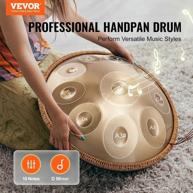 VEVOR Handpan tērauda bungas 55,9 cm ar 10 notīm D minorā ar vālīti - ZEMLETES.LV