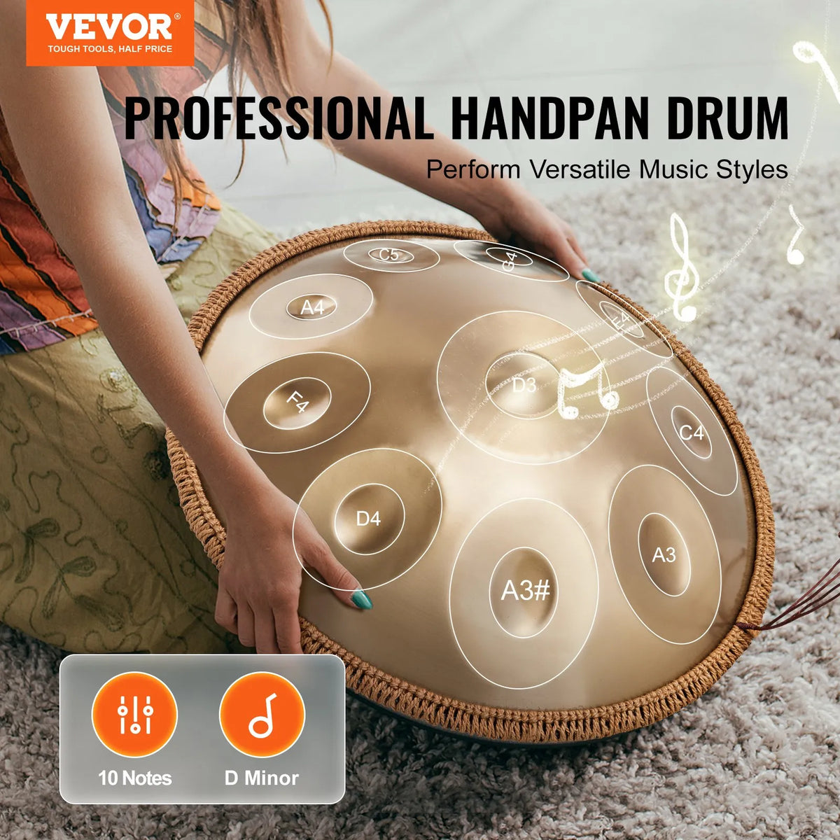 VEVOR Handpan tērauda bungas 55,9 cm ar 10 notīm D minorā ar vālīti - ZEMLETES.LV