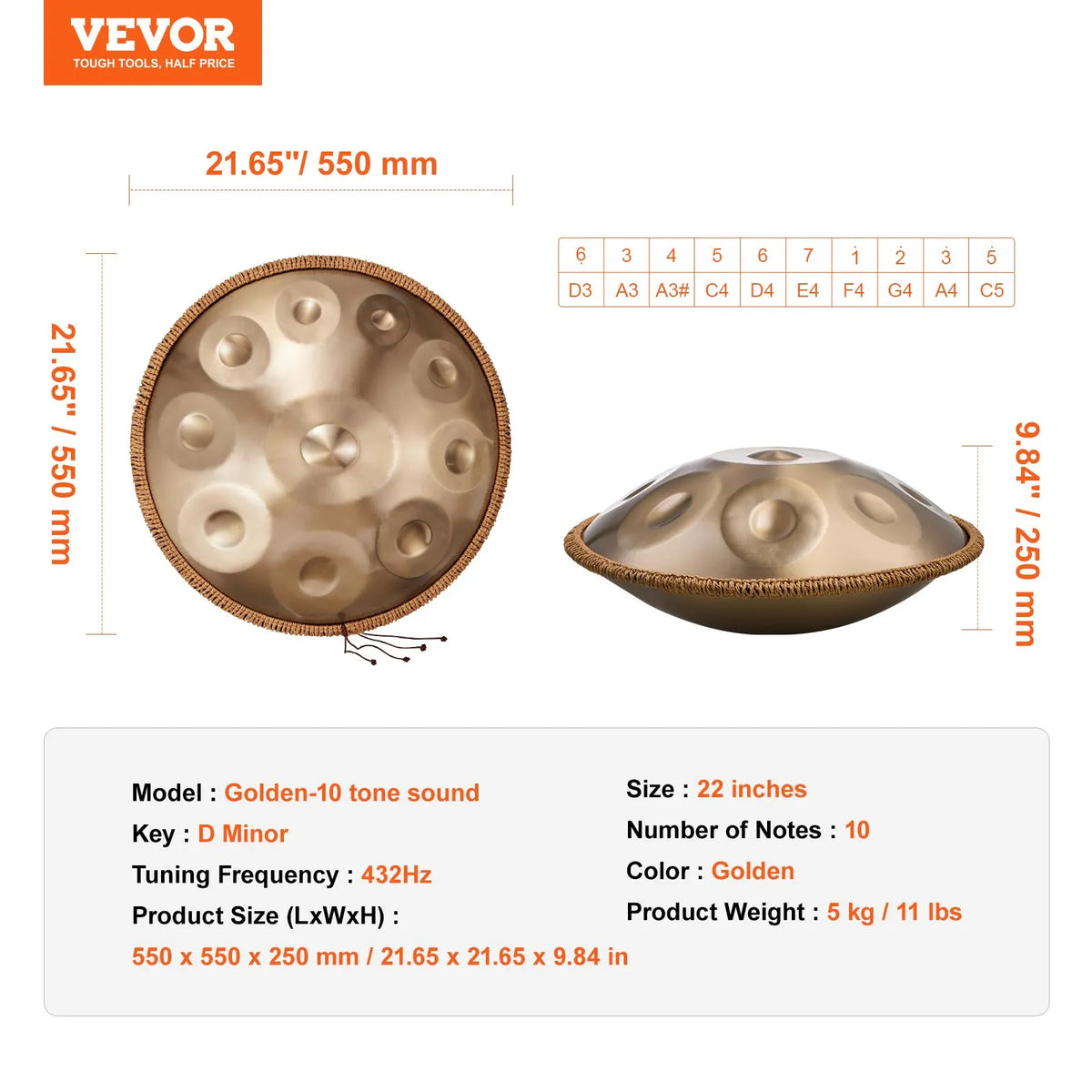 VEVOR Handpan tērauda bungas 55,9 cm ar 10 notīm D minorā ar vālīti - ZEMLETES.LV