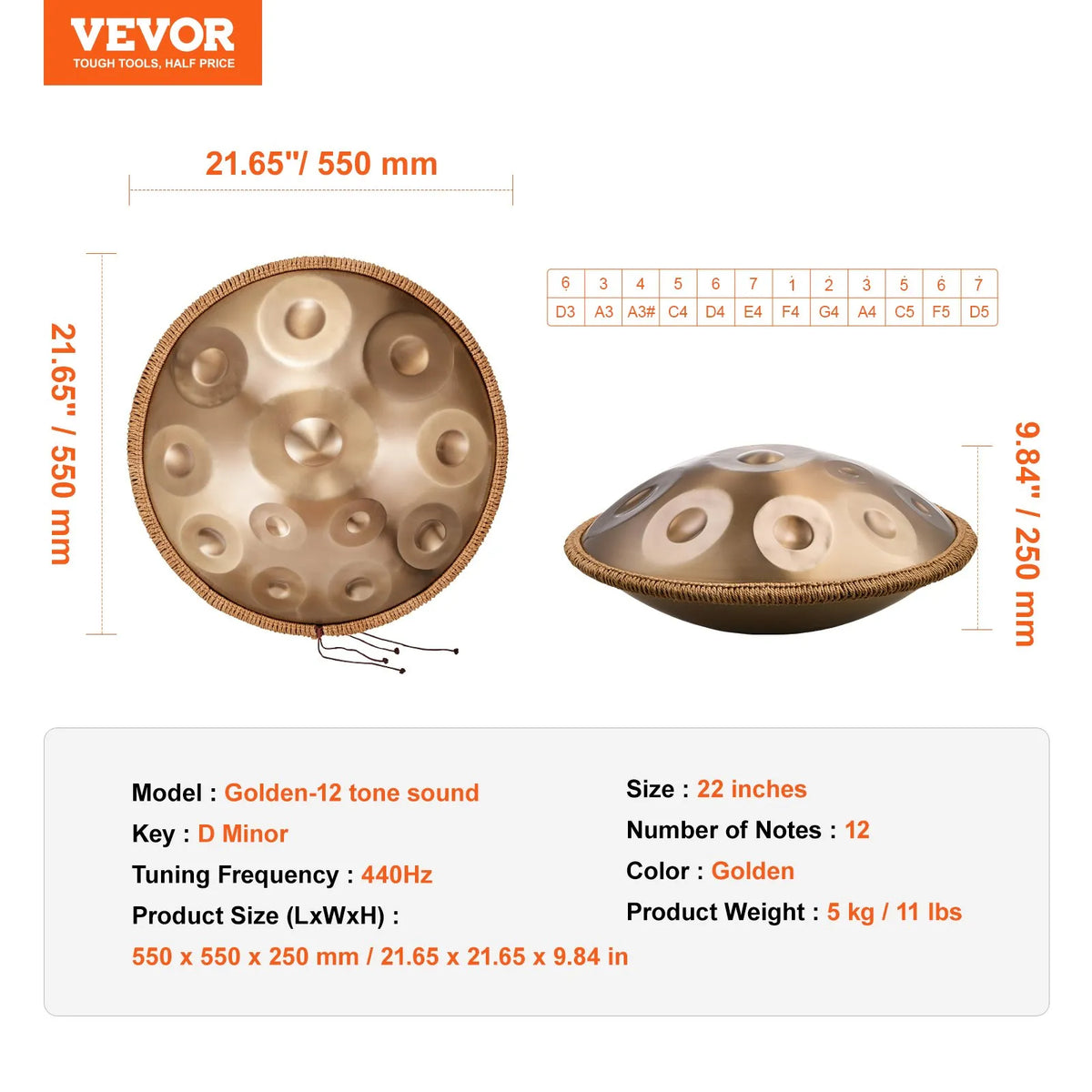 VEVOR Handpan tērauda mēles bungas 55,9 cm 12 notis D minorā ar vālīti - ZEMLETES.LV