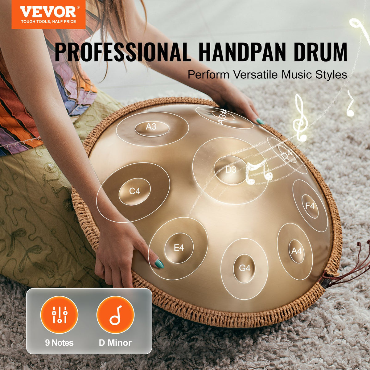 VEVOR Handpan tērauda mēles bungas 55,9 cm ar 9 notīm D minorā ar vālītēm pieaugušajiem - ZEMLETES.LV