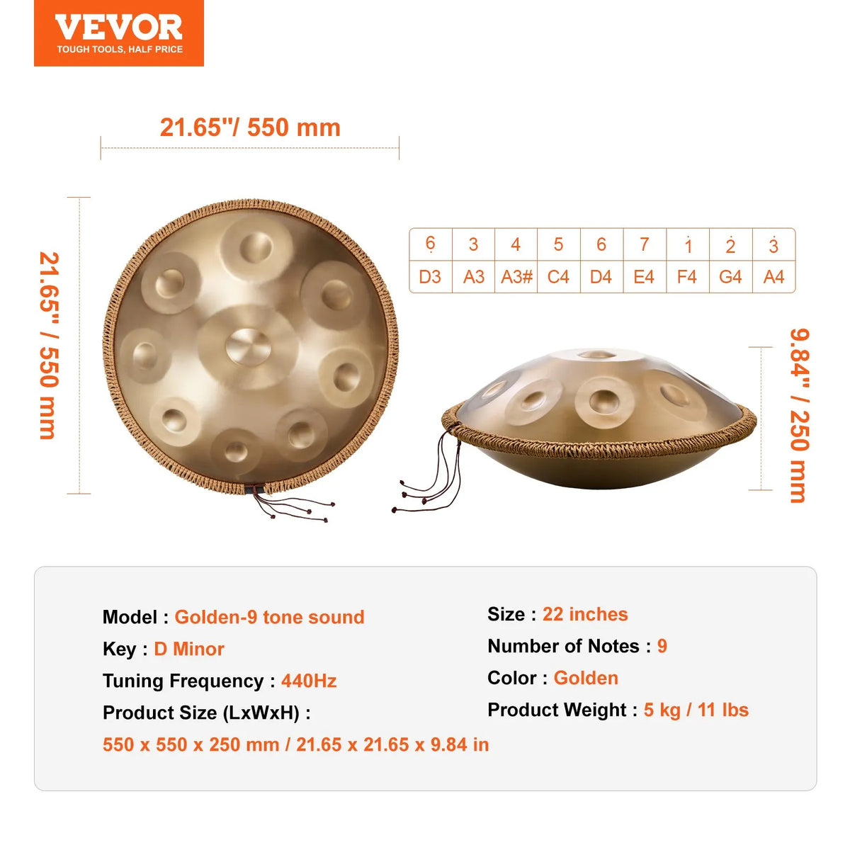VEVOR Handpan tērauda mēles bungas 55,9 cm ar 9 notīm D minorā ar vālītēm pieaugušajiem - ZEMLETES.LV
